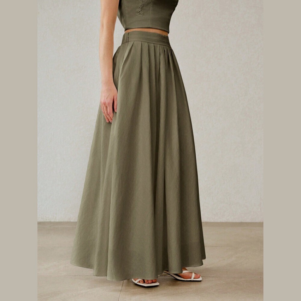 Olive Green Pleated Waist Flowy A-Line Maxi Skirt